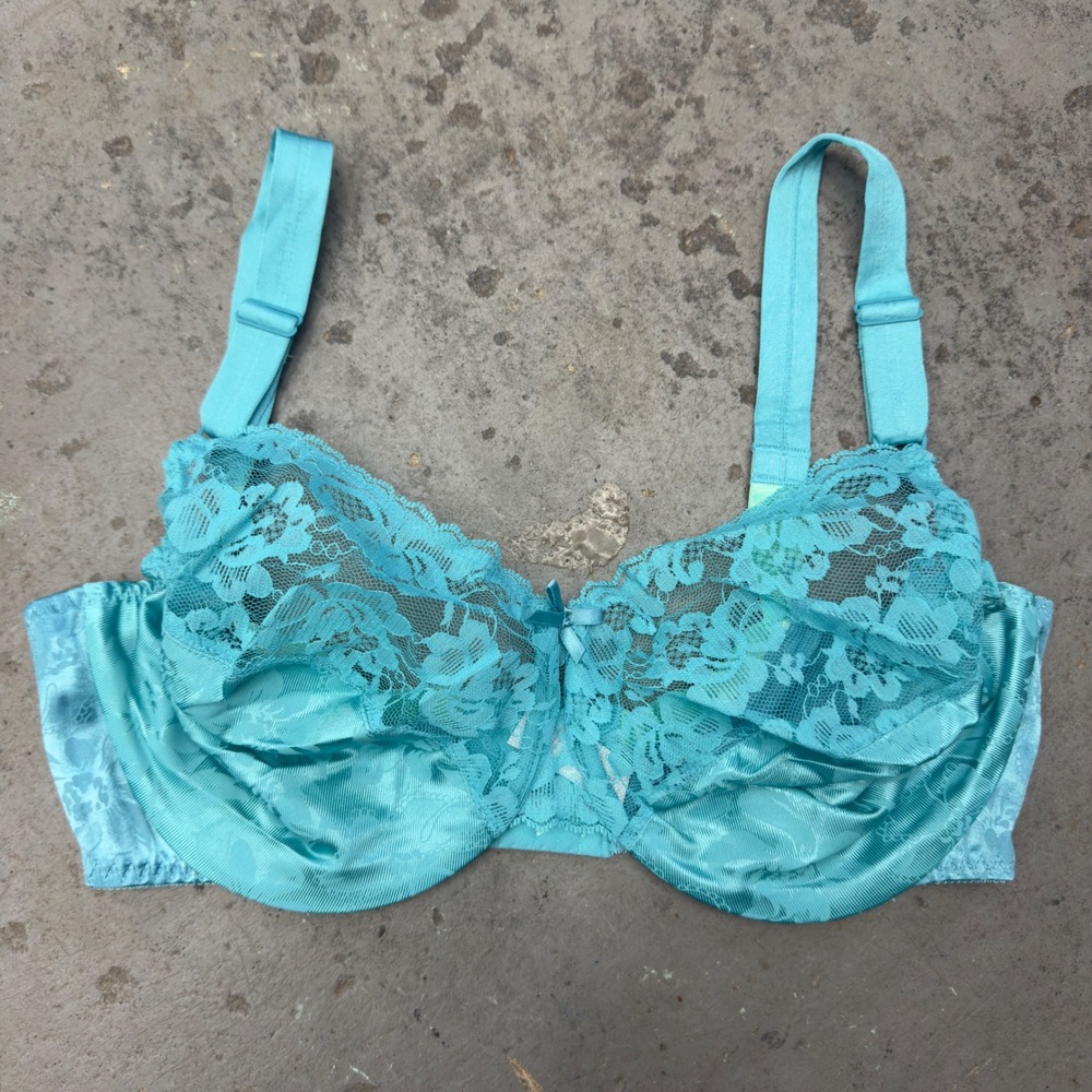 VTG Fruit of the Loom Turquoise Floral Lace Underwire Bra 38DD Style 4402 Blue